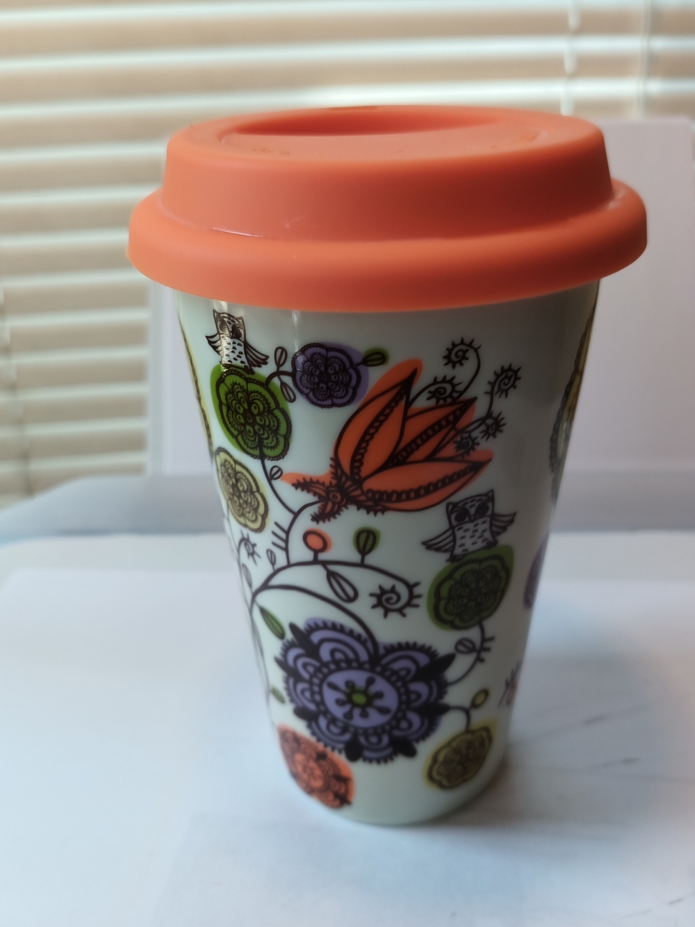 Floral Travel Mug Porcelain with Rubber  Lid About 6 Tall